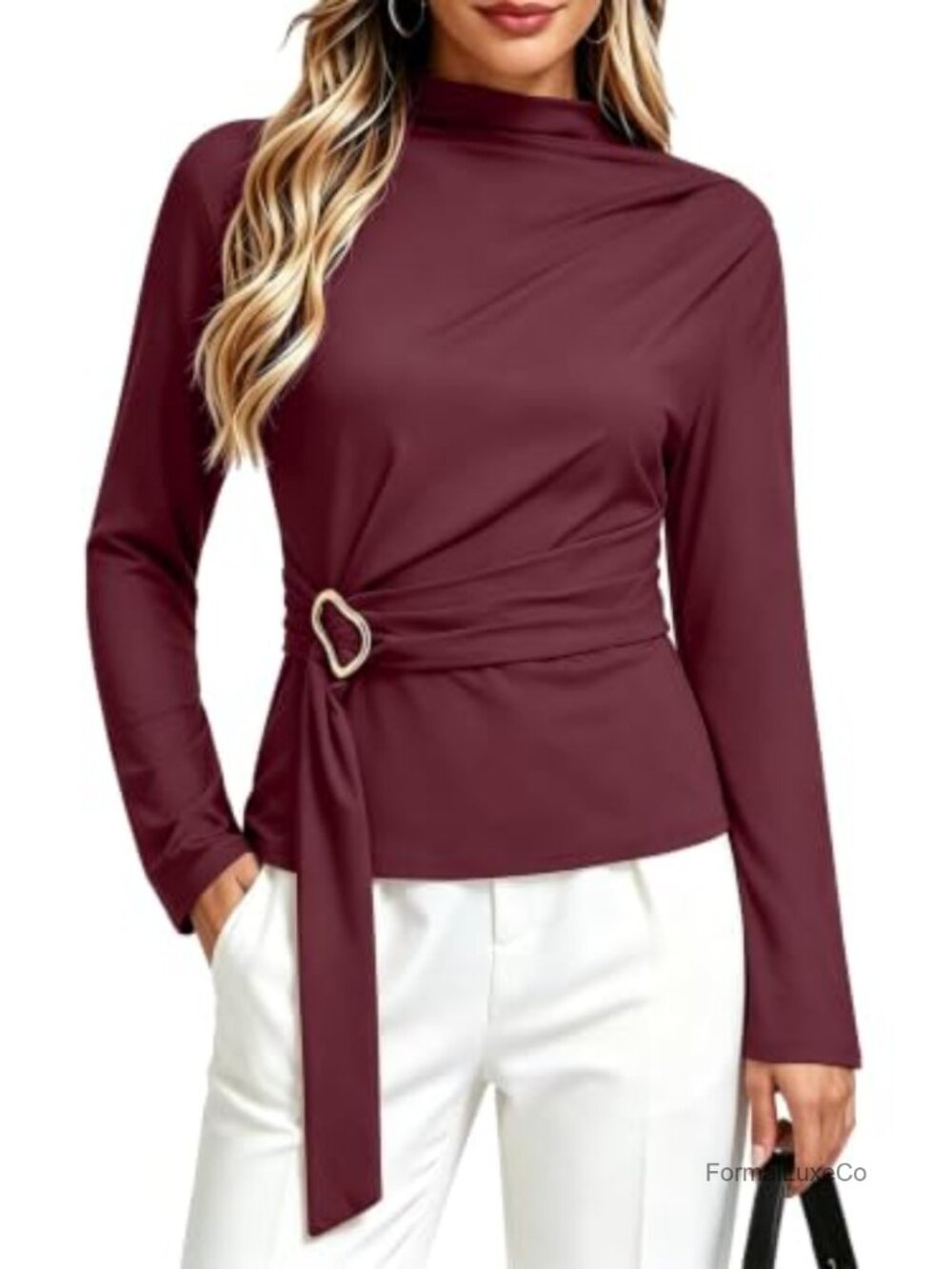 Mock Neck Belted Wrap Blouse Long Sleeve Cinched Waist Dressy Top